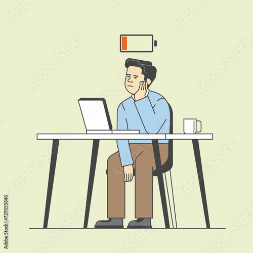 Businessman work on laptop very exhausted at the desk and running out of energy Flat Line illustration design.