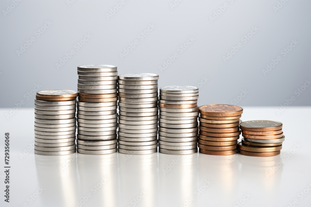 stacks of coins standing on a smooth white surface stacks of coins standing on a smooth white surface