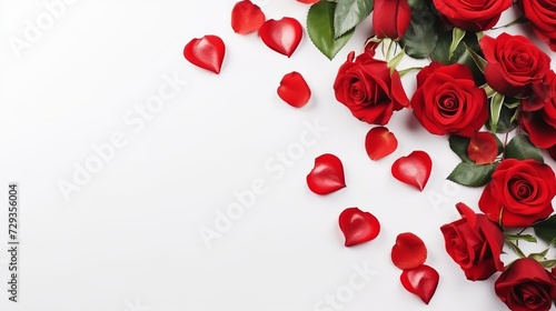 Bouquet of red roses and hearts on white background. Valentine's day, banner format. Place for text