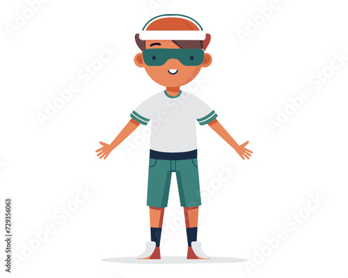 technology vr virtual reality kid  vector.  headset device, tech modern, digital entertainment technology vr virtual reality kid character. people flat cartoon illustration