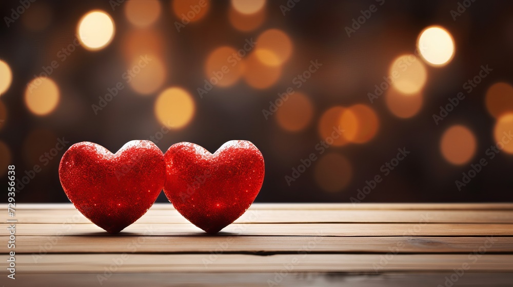 Close up of red hearts on wooden table against defocused lights. St. Valentine's Day background