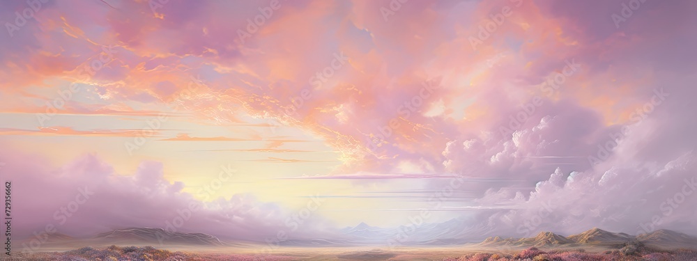 A dreamy pastel sky, with soft pink and purple clouds floating above a tranquil landscape, evoking a sense of calm and tranquility