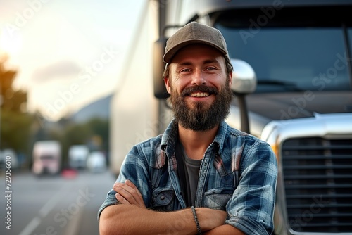 Embodying the Spirit of the Open Road A Confident Truck Driver Standing Proudly in Front of His Modern Vehicle, Ready to Embark on a Long Haul Journey Under a Beautiful Sunset