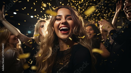 Cheerful young people showered with confetti on a club party