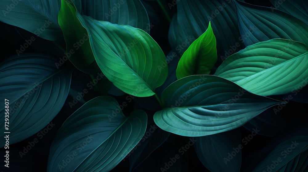 Close-up detail macro texture bright blue green leave tropical forest plant spathiphyllum cannifolium in dark nature background.Curve leaf floral botanical abstract desktop - obrazy, fototapety, plakaty 