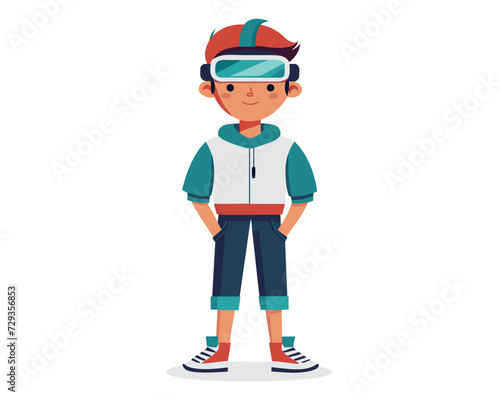 technology vr virtual reality kid  vector.  headset device, tech modern, digital entertainment technology vr virtual reality kid character. people flat cartoon illustration