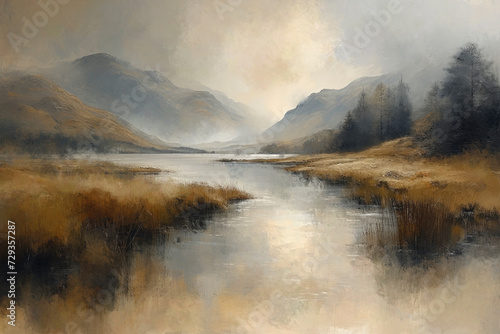 an impressionist style watercolour illustration of the iconic Scottish Highlands landscape
