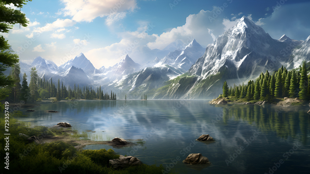 lake and mountain,,
lake in the mountains 3d image