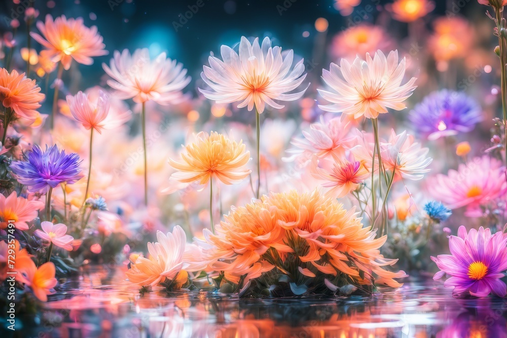 illustration of a field of luminescent pink flowers illustration of a field of luminescent pink flowers
