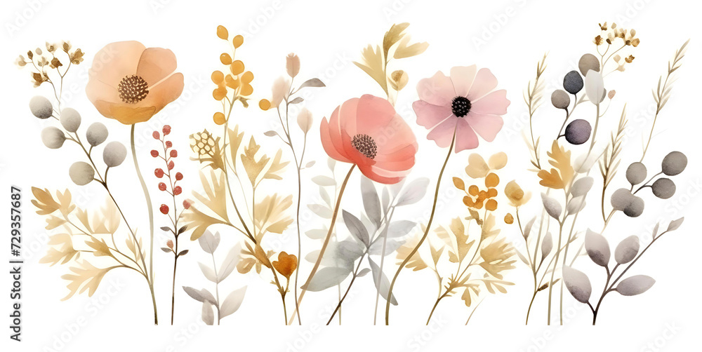Watercolor illustration with meadow flowers border composition. Isolated on white background. Perfect for card, postcard, tags, invitation, printing, wrapping.
