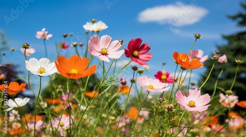 Colourful wildflowers blooming outside Savill Garden, Egham, Surrey, UK, photographed against a clear blue sky © Tahir