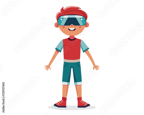 technology vr virtual reality kid  vector.  headset device, tech modern, digital entertainment technology vr virtual reality kid character. people flat cartoon illustration