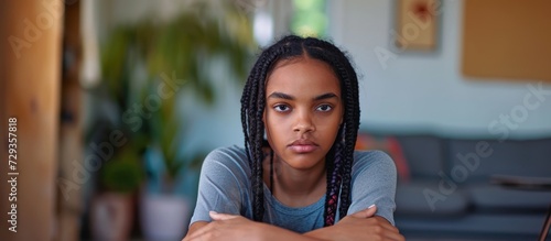 Skeptical and nervous young African American with braids sitting at home, disapproving expression with crossed arms. photo