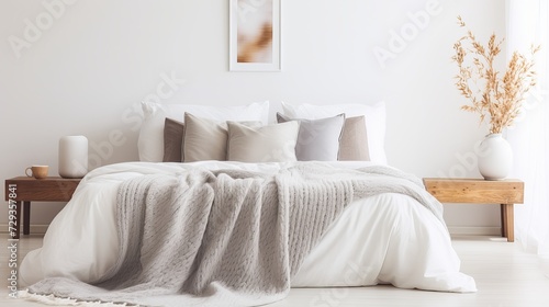 Cushions with blanket arranged on comfortable bed against white walls in contemporary bedroom at home © Tahir