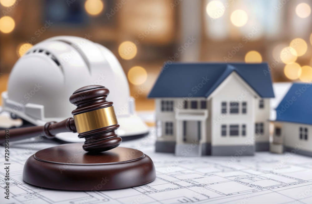 Gavel on blueprints, surrounded by mini houses and a hard hat, symbolizing legal oversight in construction and real estate Gavel on blueprints, surrounded by mini houses and a hard hat, symbolizing legal oversight in construction and real estate