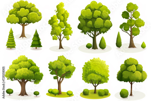 Set of trees 3d vector icons. Collection of green trees on white background. 