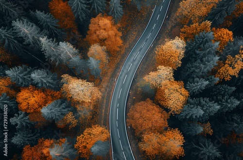 Autumn Tale - Aerial View of a Forest Road, Immersed in Autumn Leaves, Enchanting Narrative-Driven Visual Storytelling © AgungRikhi