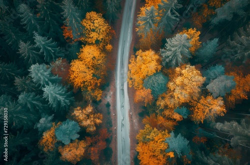 Autumn Tale - Aerial View of a Forest Road, Immersed in Autumn Leaves, Enchanting Narrative-Driven Visual Storytelling