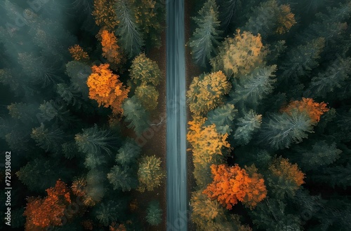 Autumn Tale - Aerial View of a Forest Road, Immersed in Autumn Leaves, Enchanting Narrative-Driven Visual Storytelling © AgungRikhi