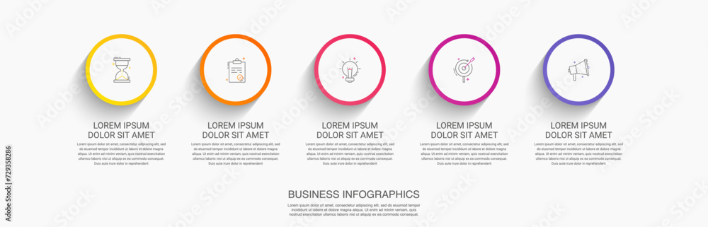 Vector timeline infographics template with 5 circles and options. Blank space for web, infographic, diagram, business, digital network, flowchart, presentations