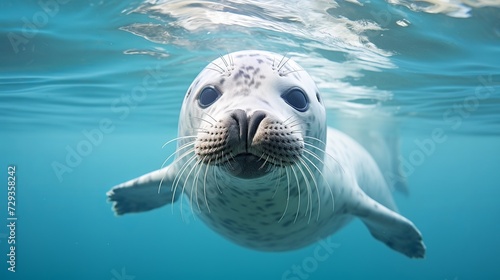 Cute ringed seal adorable kawaii Japanese seal round seal with a smile underwater puffy seal © Tahir