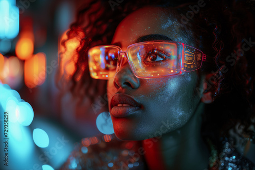 Black girl wearing hi-tech digital glasses looking away
