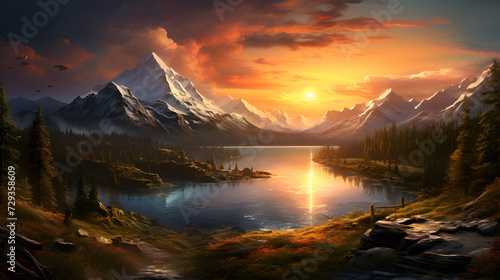 sunrise over the lake 8k wallpaper    sunset in the mountains 3d image