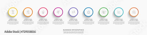 Vector timeline infographics template with nine circles and options. Blank space for web, infographic, diagram, business, digital network, flowchart, presentations