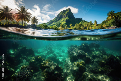 Serene Underwater View of Coral Reef and Island photo