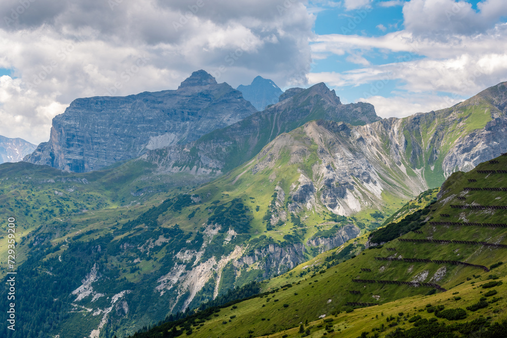 Alps panoramic scenic landscape in summer, Stubai Alps, Habicht Peak (3,277 m) in distance, view from Blaser mountain, Tyrol, Austria.