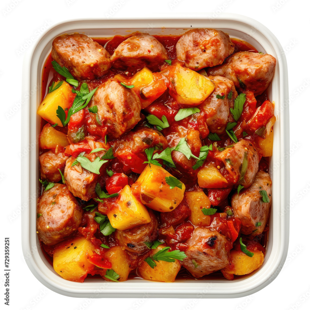Currywurst, German fried pork sausage seasoned with curry ketchup. Isolated on Transparent background Currywurst, German fried pork sausage seasoned with curry ketchup. Isolated on Transparent background