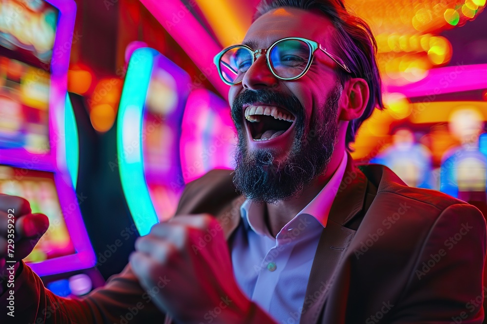 A Night of Neon Lights: Unrecognizable Person Enjoying Games at a Vibrant, Colorful Casino with Slot Machines Illuminating the Room A Night of Neon Lights: Unrecognizable Person Enjoying Games at a Vibrant, Colorful Casino with Slot Machines Illuminating the Room