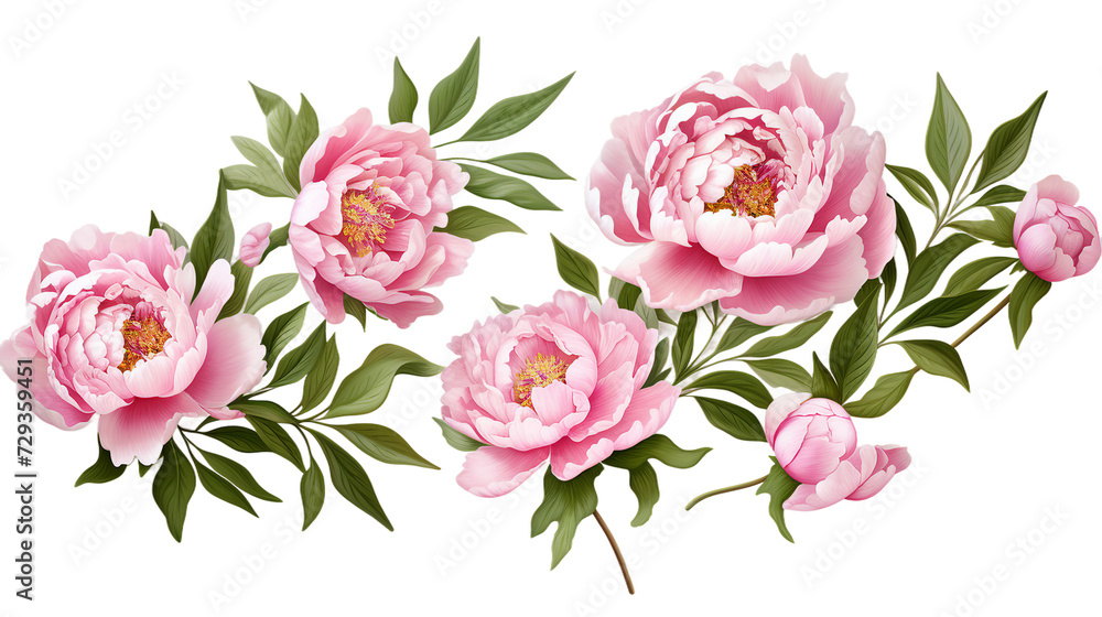 Peony Collection: Vibrant Floral Decorations for Perfume, Essential Oil, or Garden Designs - Elegant 3D Botanical Art, Isolated on Transparent Backgrounds!