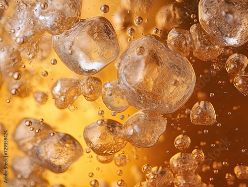 a glas of light light yellow brown soda, with alot of bubbles and smal fizzes and couple of ice cubes. Zoomed in so we see the top half of the glas, Perspective zoomed in on surface, from slighty abov photo