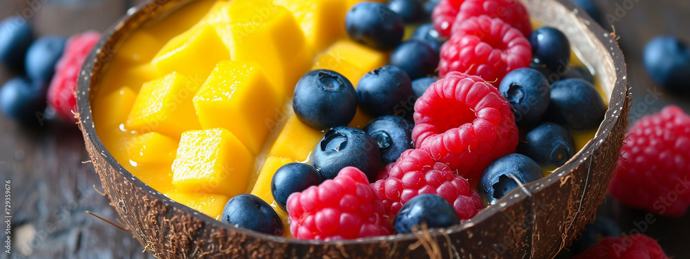 a bowl of acai mango fruit with raspberries and blueberries close-up