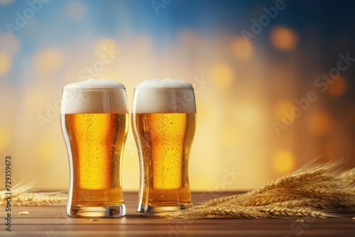 Golden Beer Pints with Wheat on Wooden Surface