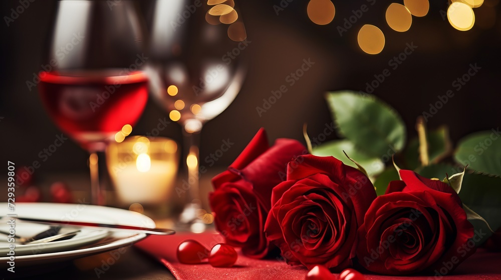 Festive table setting, menu design for Valentine's Day, cutlery with a heart on a plate and glasses with red wine, festive composition with a bouquet of red roses, kitchen background. Festive table setting, menu design for Valentine's Day, cutlery with a heart on a plate and glasses with red wine, festive composition with a bouquet of red roses, kitchen background.