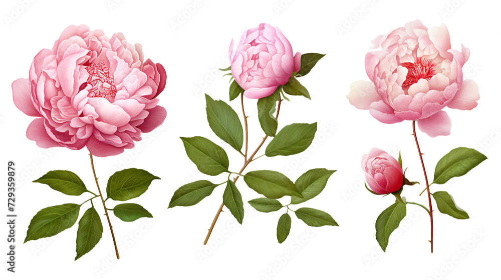 Peony Collection: Vibrant Floral Decorations for Perfume, Essential Oil, or Garden Designs - Elegant 3D Botanical Art, Isolated on Transparent Backgrounds!