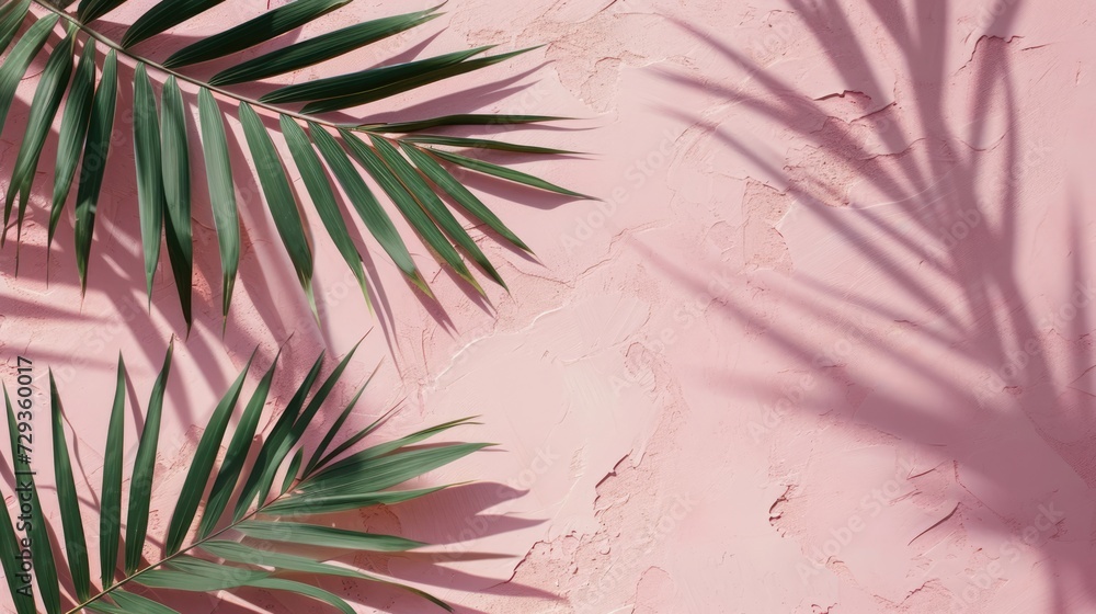 Mock up with natural soft shadow from palm leaves for product presentation or showcase on pink stone textured background Mock up with natural soft shadow from palm leaves for product presentation or showcase on pink stone textured background