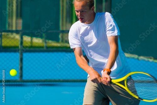 Tennis player playing tennis on a hard court on a bright sunny day	