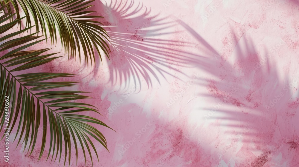 Mock up with natural soft shadow from palm leaves for product presentation or showcase on pink stone textured background
