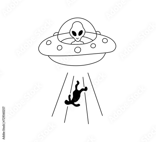 Vector isolated ufo alien steals a man colorless black and white contour line easy drawing