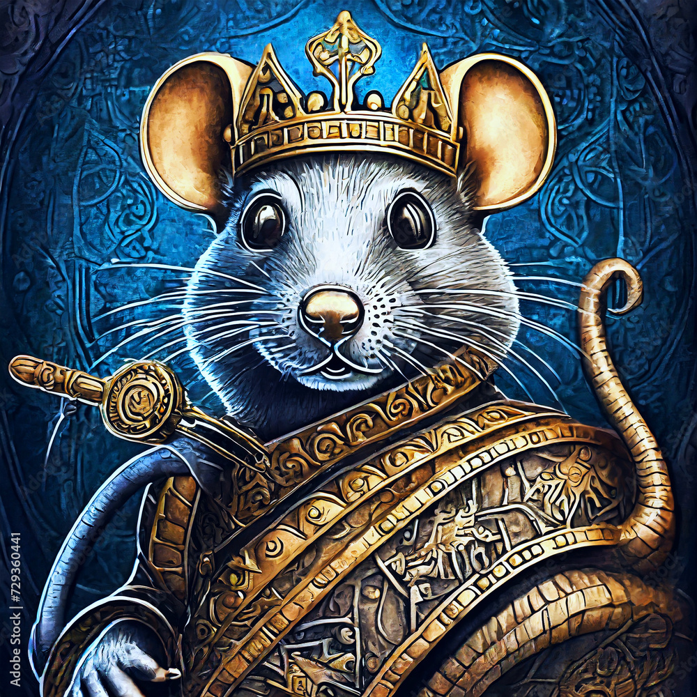 Mouse God mouse king, in a crown and armor, on a black background. Stock ...