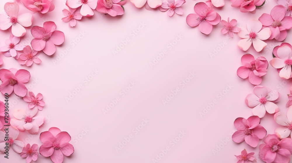 Flowers composition. Frame made of pink flowers on pastel pink background. Valentines day, mothers day, womens day concept. Flat lay, top view, copy space