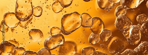a glas of light light yellow brown soda, with alot of bubbles and smal fizzes and couple of ice cubes. Zoomed in so we see the top half of the glas, Perspective zoomed in on surface, from slighty abov