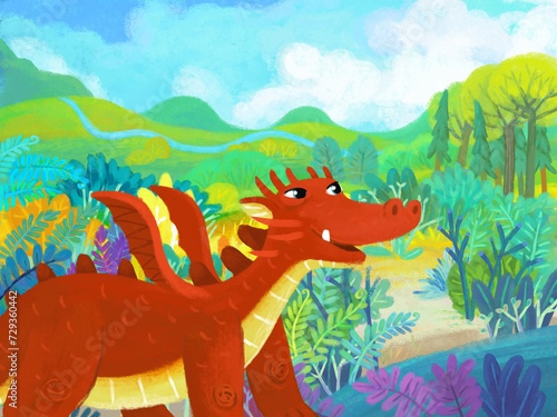cartoon scene with forest jungle meadow wildlife with dragon dino dinosaur animal zoo scenery illustration for children © honeyflavour