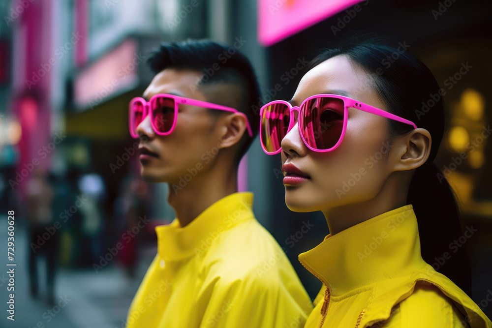 Trendy Asian Couple in Sunglasses and Vibrant Fashion Trendy Asian Couple in Sunglasses and Vibrant Fashion