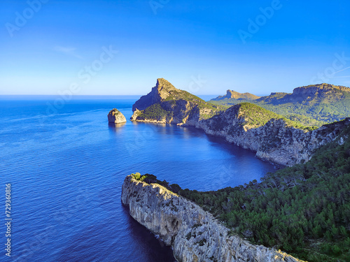 eautiful Mediterranean coast and mountain view from Mirador de El Colomer, Mallorca, Spain. Cape Formentor cliffs and blue sea water