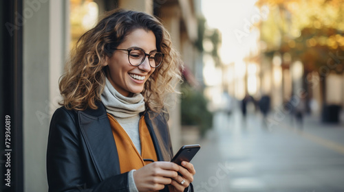 Woman on the street, looking into her smartphone, smiling being happy, she received good news. 