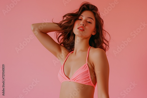 sexy Beautiful young woman in tank swimsuit on pink studio background